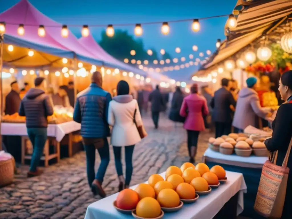 Un vibrante festival de comida al aire libre romántico al anochecer, con luces brillantes y coloridos puestos de comida en una calle adoquinada