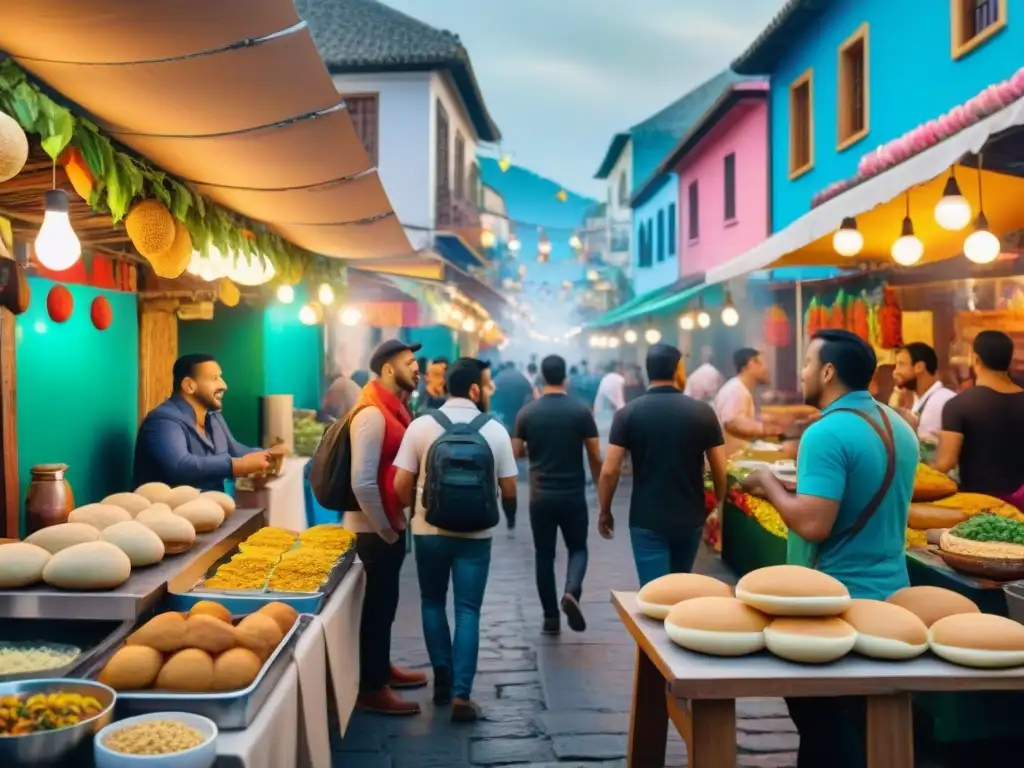 Vibrante festival de comida callejera en América Latina con coloridos puestos y gente disfrutando de delicias culinarias