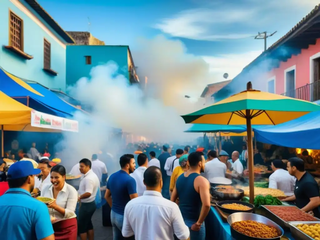 Un vibrante festival de comida callejera en América Latina, con colores, sabores y diversidad cultural