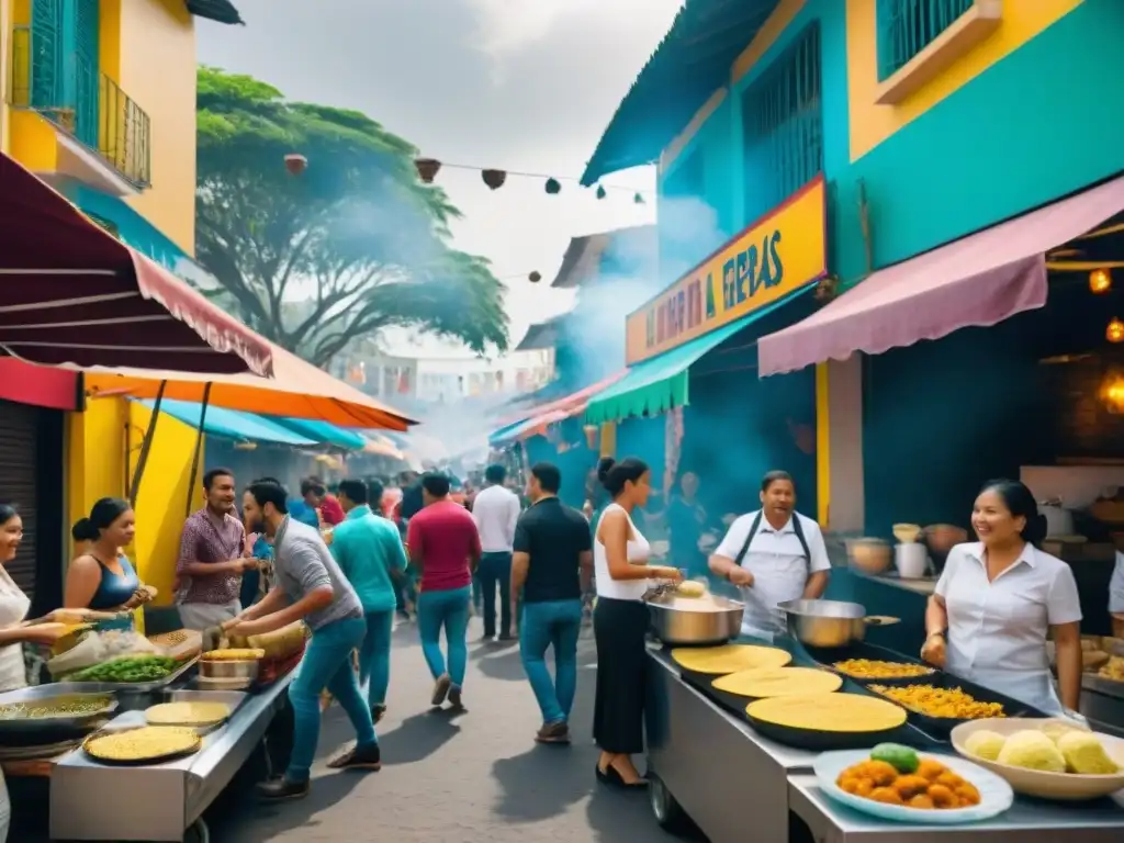 Vibrante festival de comida callejera en América Latina, con puestos coloridos y gente disfrutando de arepas, tacos y ceviche