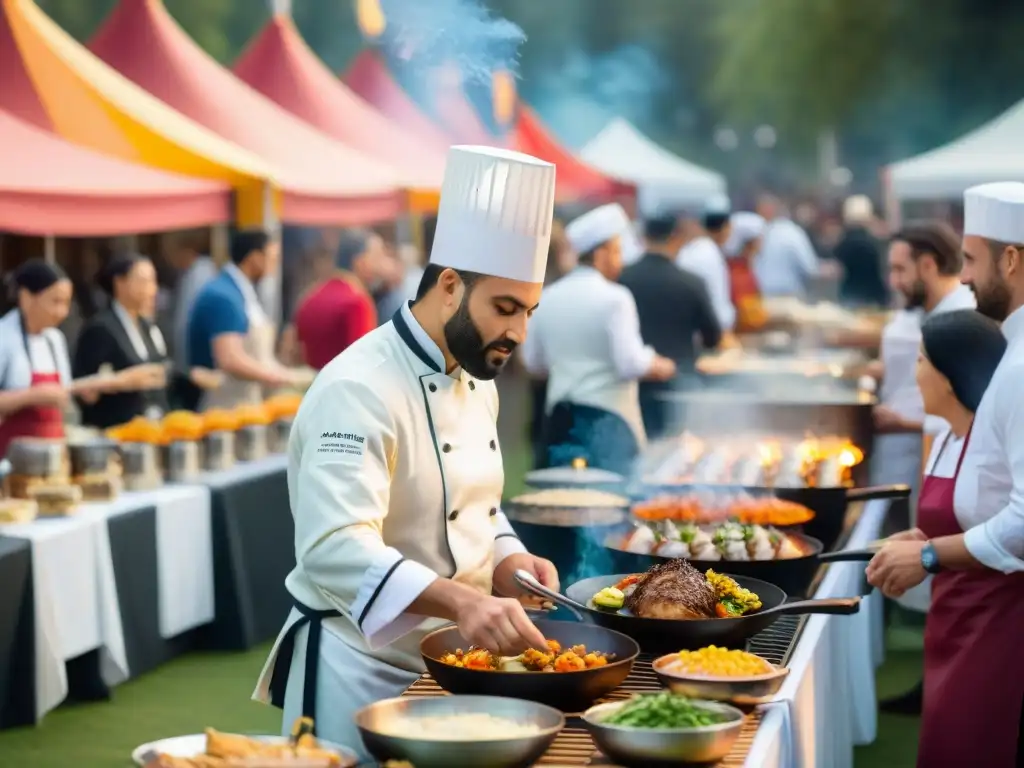 Un vibrante festival de comida gourmet con un chef preparando platos en una parrilla rodeado de espectadores entusiastas