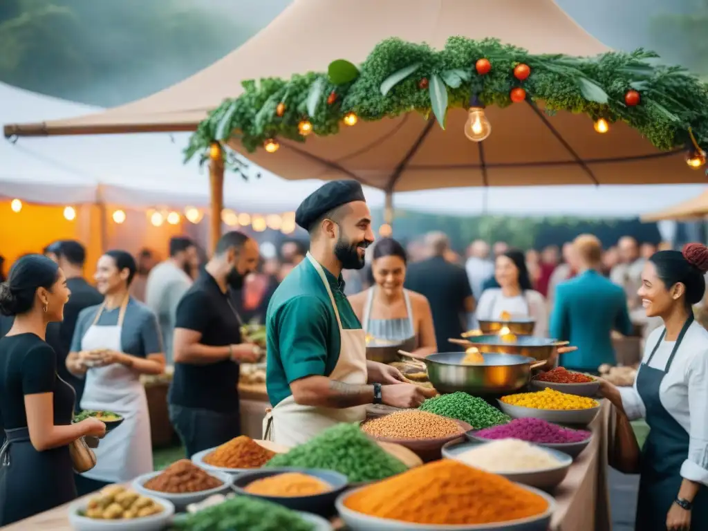 Un vibrante festival de comida vegana gourmet con platos coloridos de todo el mundo, energía y emoción palpable