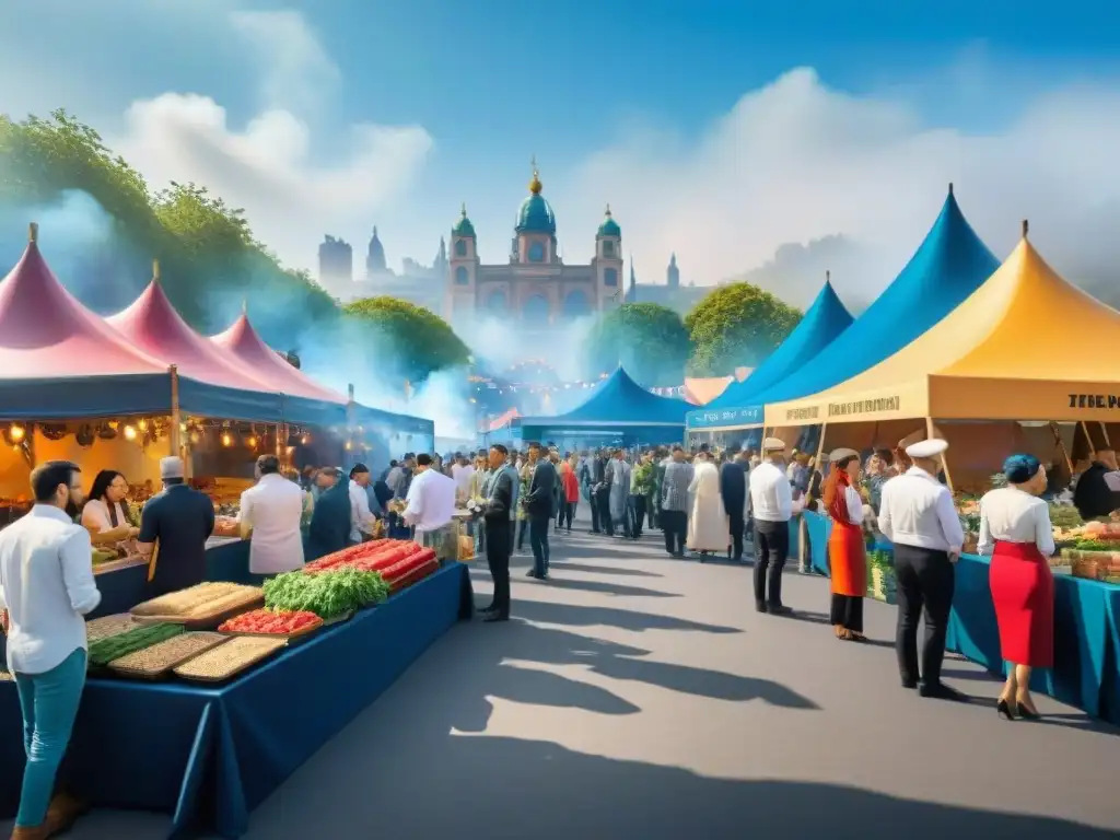 Un vibrante festival de comida vegana gourmet con chefs y asistentes felices bajo el sol y cielos azules