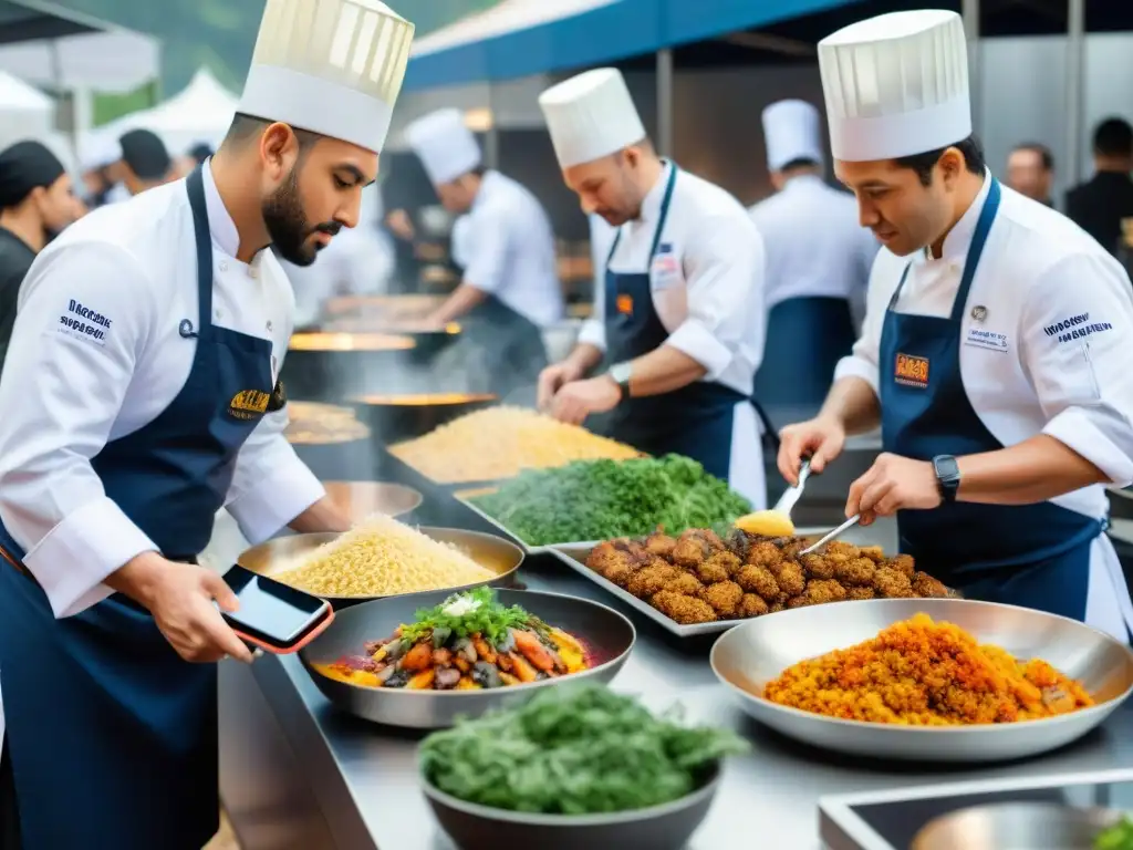 Un vibrante festival culinario con chefs renombrados de todo el mundo presentando sus platos en estaciones detalladas