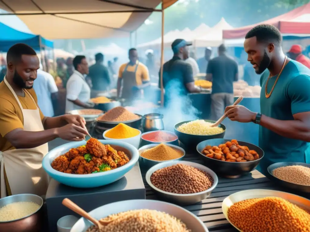 Un vibrante festival gastronómico africano con una variedad de platos tradicionales, vendedores coloridos y música festiva