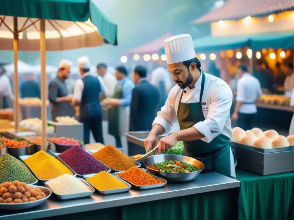 Un vibrante festival gastronómico del futuro con chefs innovadores y delicias gourmet de todo el mundo, mostrando tendencias en la gastronomía