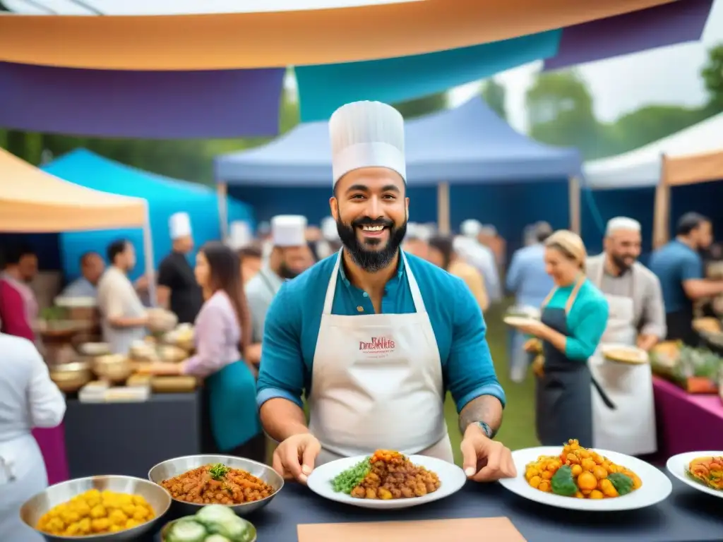 Un vibrante festival gastronómico con una multitud diversa explorando puestos de alta cocina gourmet democratizados