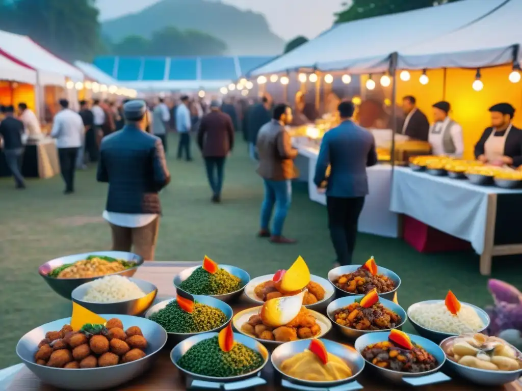 Un vibrante festival gastronómico mundial al atardecer, con chefs, puestos de comida y ambiente festivo