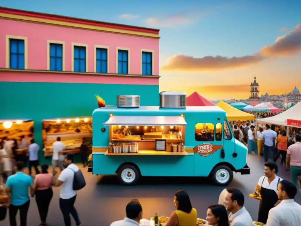 Vibrante festival de food trucks gourmet en una ciudad de América Latina, con diseños coloridos y únicos