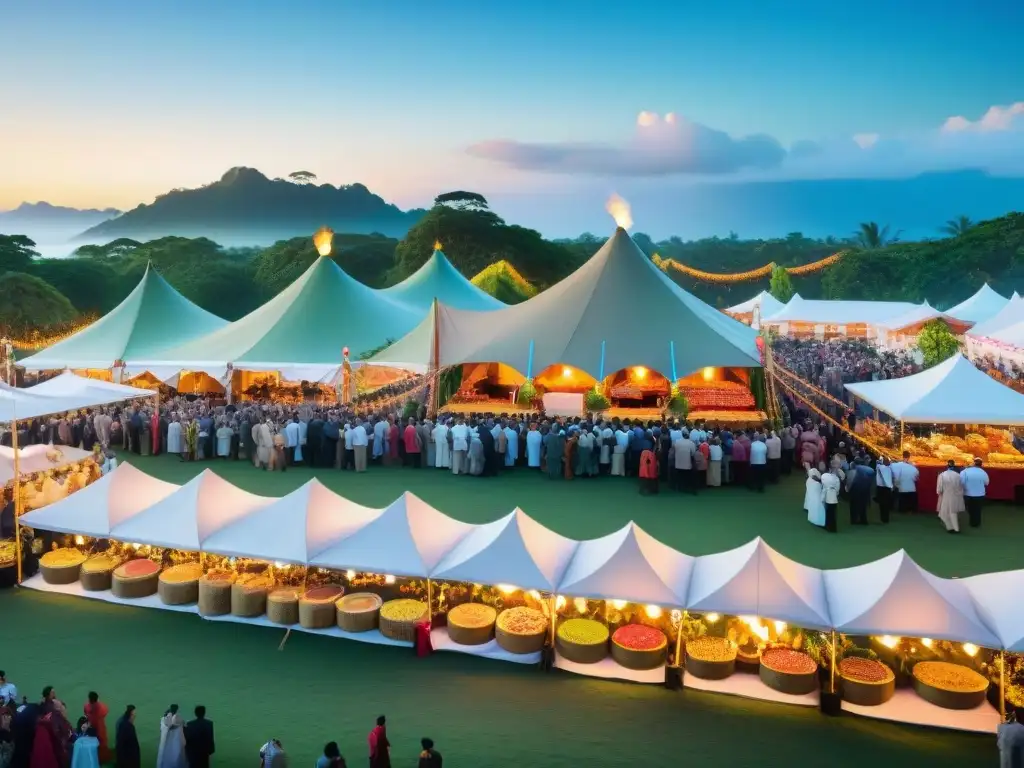 Un vibrante festival gourmet en un destino exótico, con coloridos puestos de comida y una atmósfera festiva