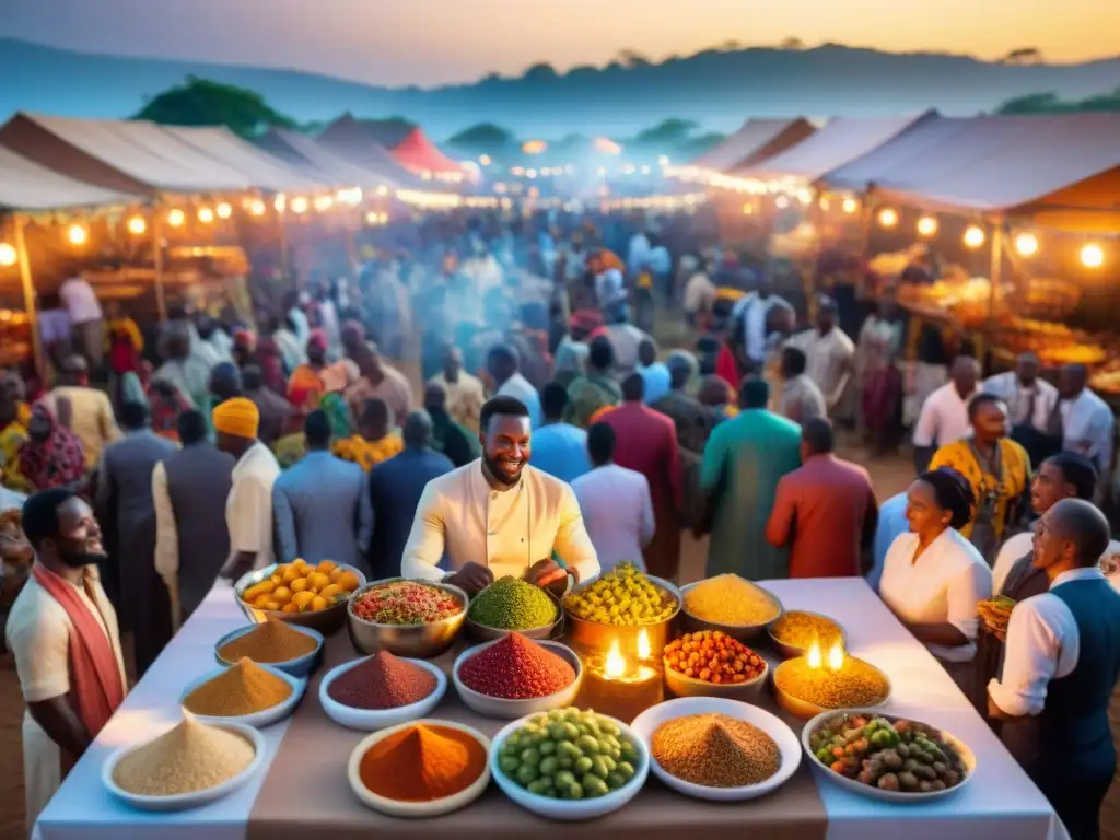 Un vibrante festival gourmet en África, con exóticos platos y coloridos puestos de mercado