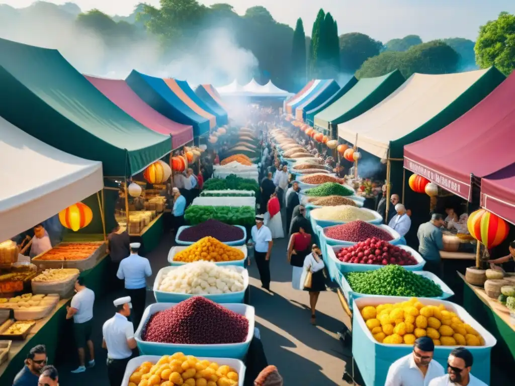 Vibrante festival gourmet: puestos de comida coloridos, visitantes disfrutando experiencias multisensoriales