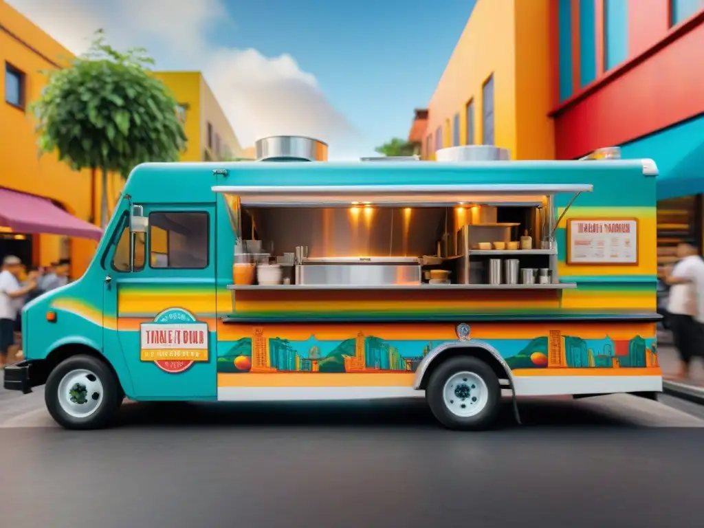 Un vibrante food truck gourmet de América Latina con murales coloridos y un chef preparando platos fusionados en un mercado bullicioso