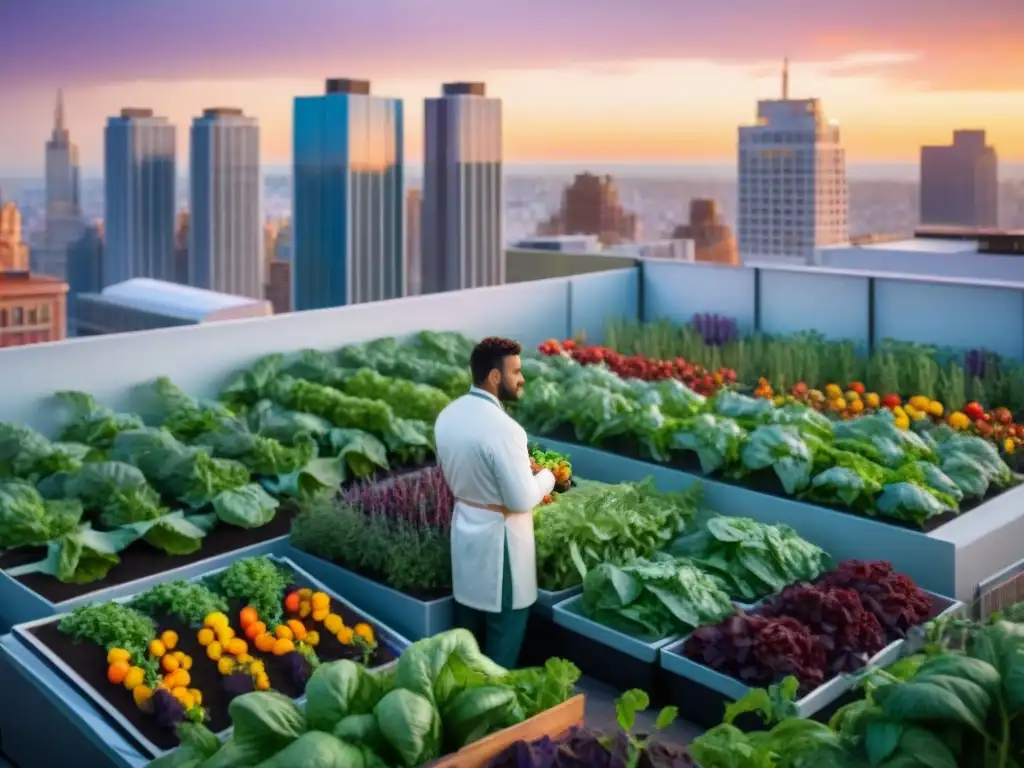 Un vibrante huerto urbano gastronómico en la azotea de la ciudad, con chefs cosechando vegetales y hablando de ideas culinarias al atardecer