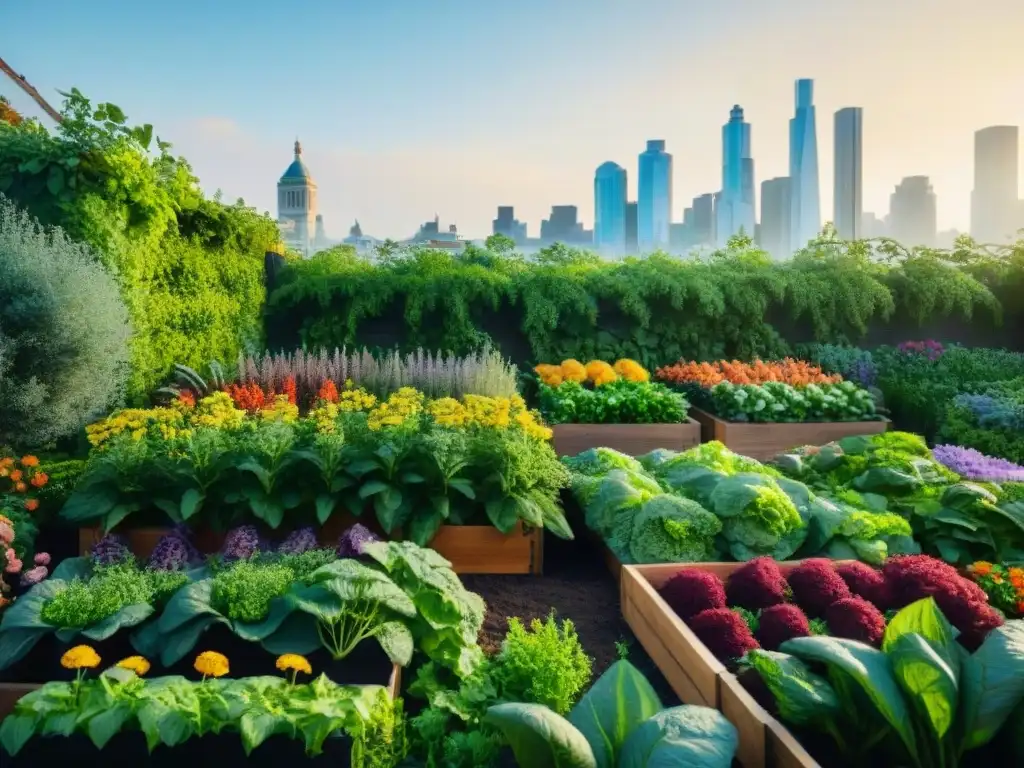 Un vibrante huerto urbano con vegetales y hierbas, bajo la luz del sol