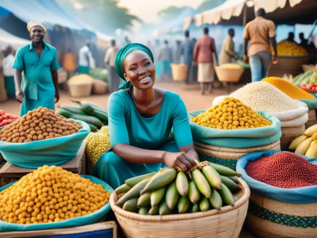 Mercado africano: escena vibrante de alimentos tradicionales Un vibrante mercado africano con alimentos básicos culturales, vendedores locales y productos frescos en cestas tejidas