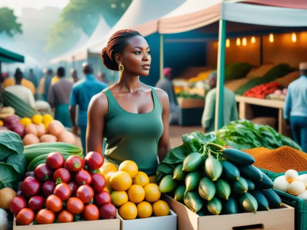 Un vibrante mercado africano con influencia diáspora, colores vivos y diversidad cultural