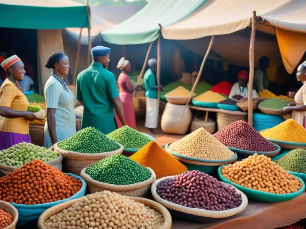 Un vibrante mercado africano lleno de legumbres, con vendedores y clientes disfrutando de la gastronomía