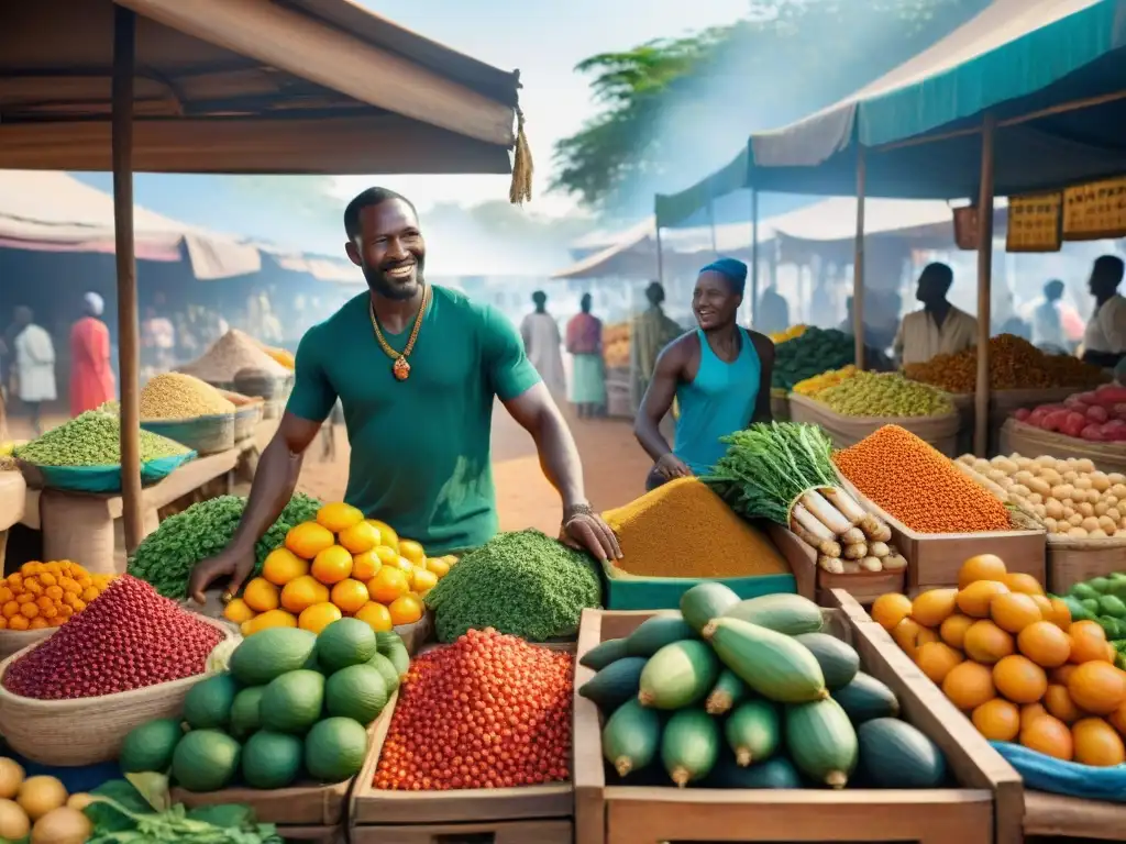 Un vibrante mercado africano lleno de superalimentos coloridos exhibidos en puestos de madera