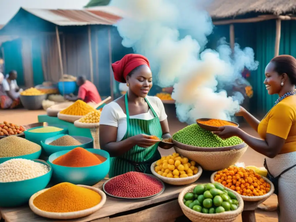 Un vibrante mercado al aire libre en Mozambique, con mujeres locales preparando platos tradicionales sobre fuego abierto