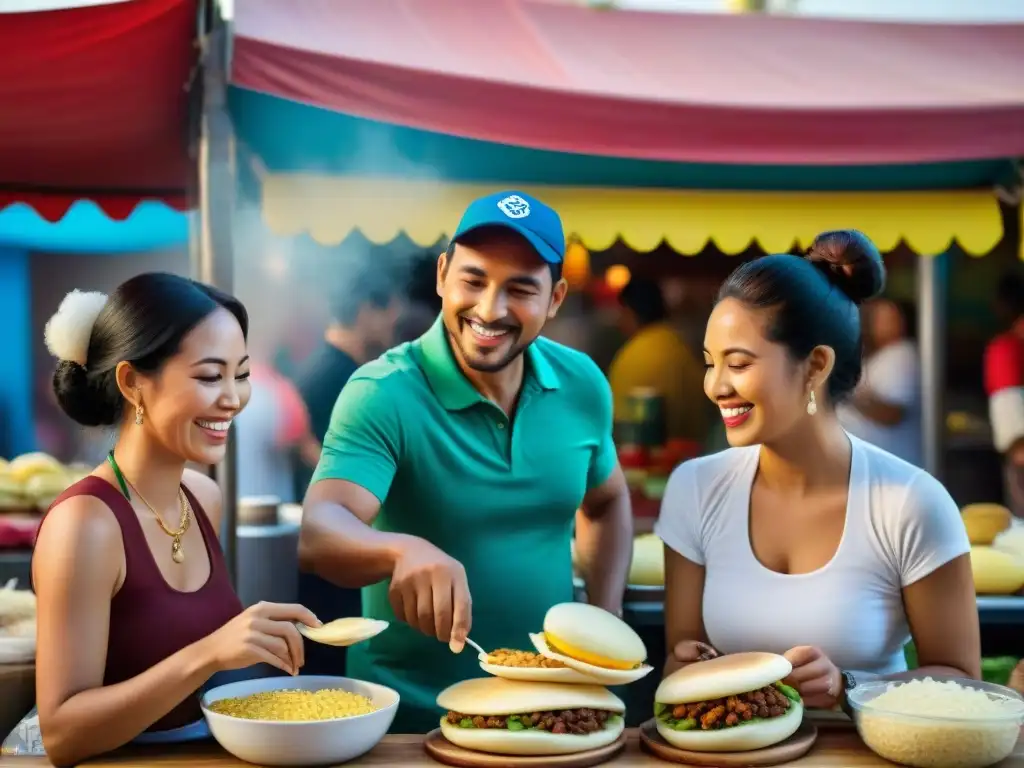 Un vibrante mercado al aire libre donde personas de diferentes culturas disfrutan juntas de arepas gourmet