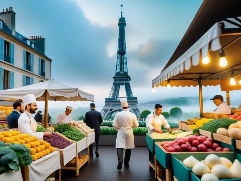 Vibrante mercado al aire libre en Francia con chefs y productos frescos, la Torre Eiffel al fondo
