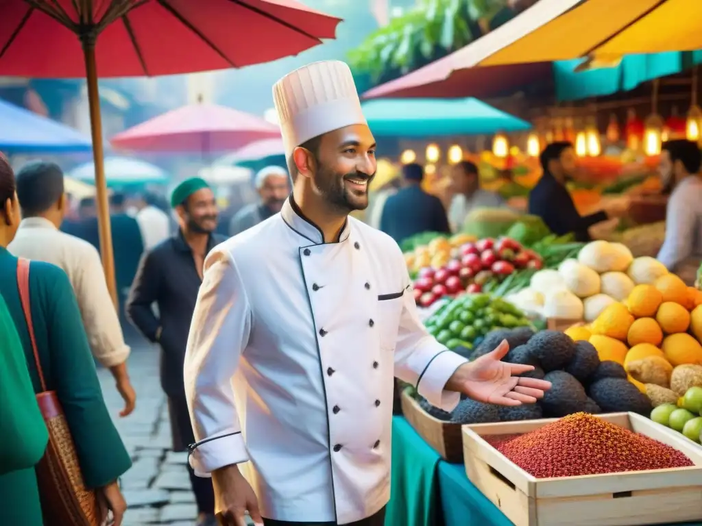 Un vibrante mercado al aire libre donde un chef conduce un grupo de entusiastas turistas gastronómicos en un tour culinario