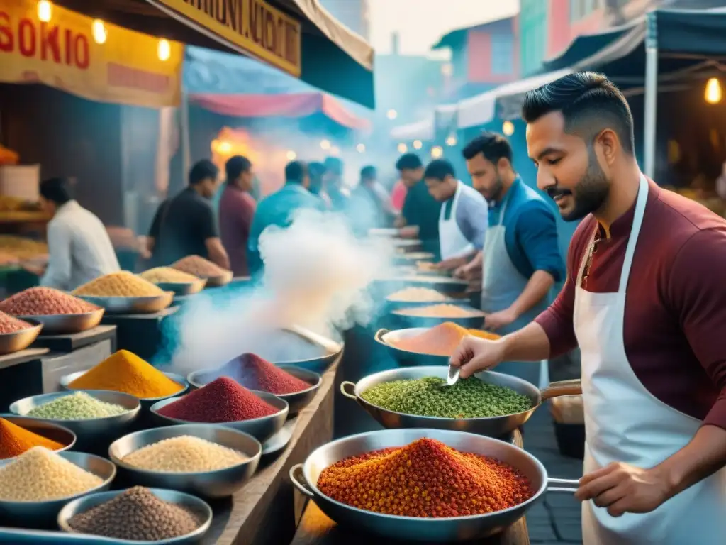 Vibrante mercado al aire libre con experiencias gastronómicas fusión étnica de todo el mundo