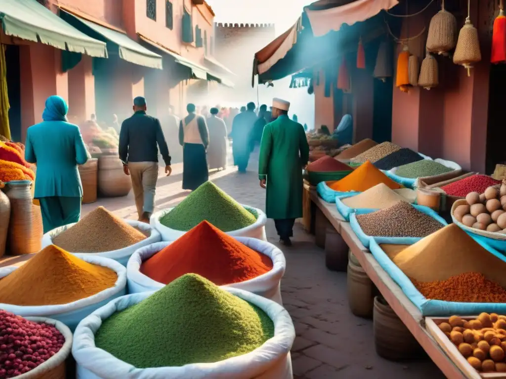 Un vibrante mercado al aire libre en Marrakech, Marruecos, repleto de especias coloridas, frutas exóticas y textiles africanos