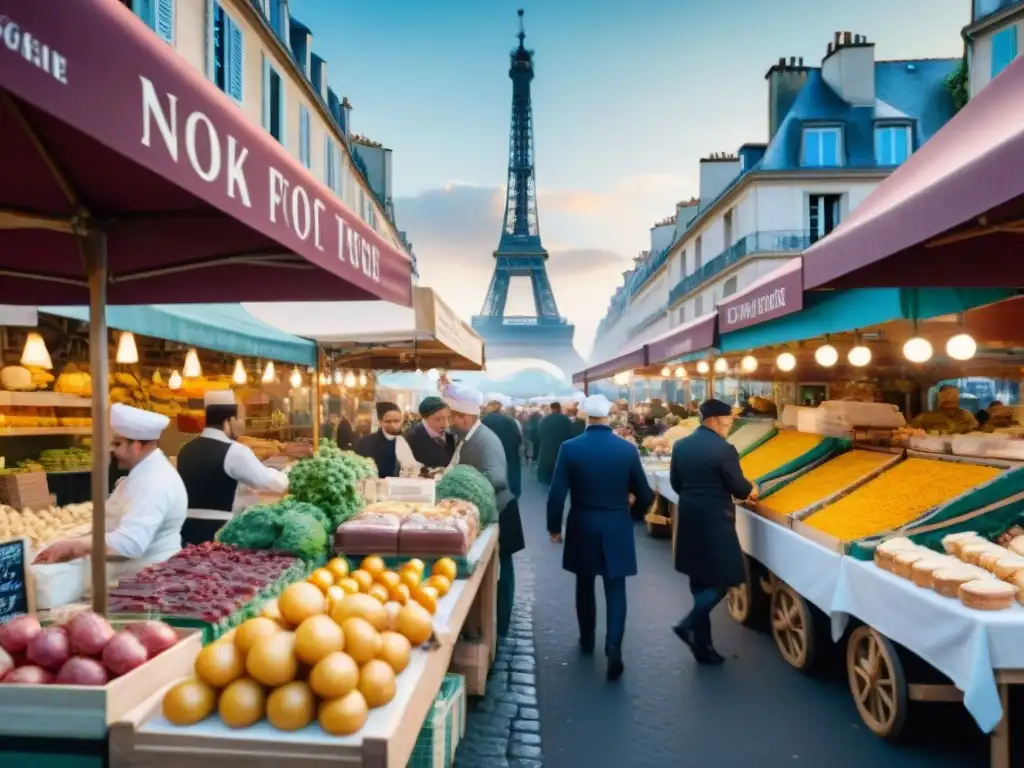 Un vibrante mercado de alimentos al aire libre en Francia, con chefs y clientes disfrutando de aventuras culinarias