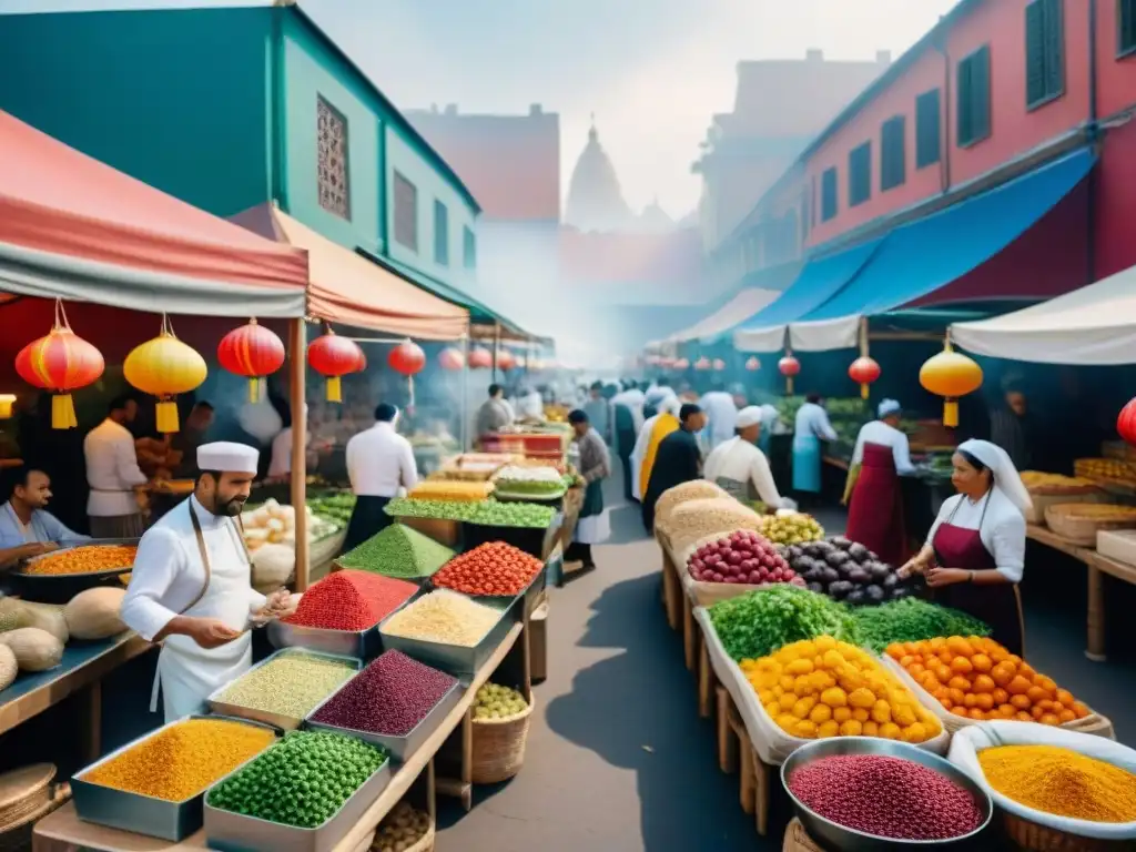 Un vibrante mercado de alimentos al aire libre, fusionando sabores y culturas en una escena colorida y diversa