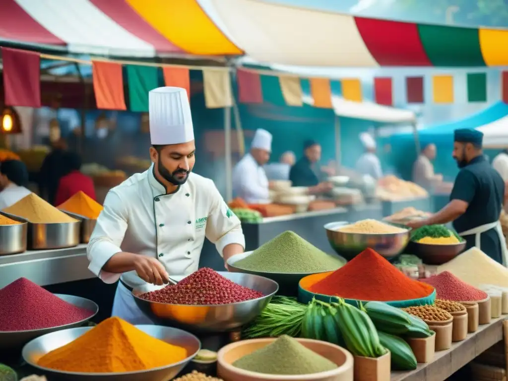 Un vibrante mercado de alimentos internacionales con chefs preparando fusiones étnicas en gastronomía mundial