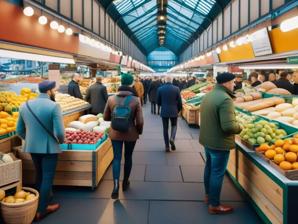 Un vibrante mercado de alimentos en Londres, lleno de colores y sabores, reflejando la cultura gastronómica de la ciudad