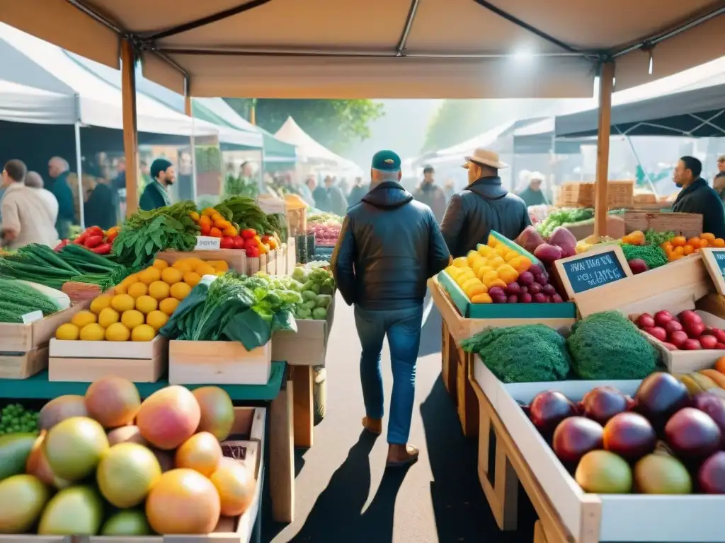 Un vibrante mercado agrícola con alimentos orgánicos y una atmósfera comunitaria y saludable