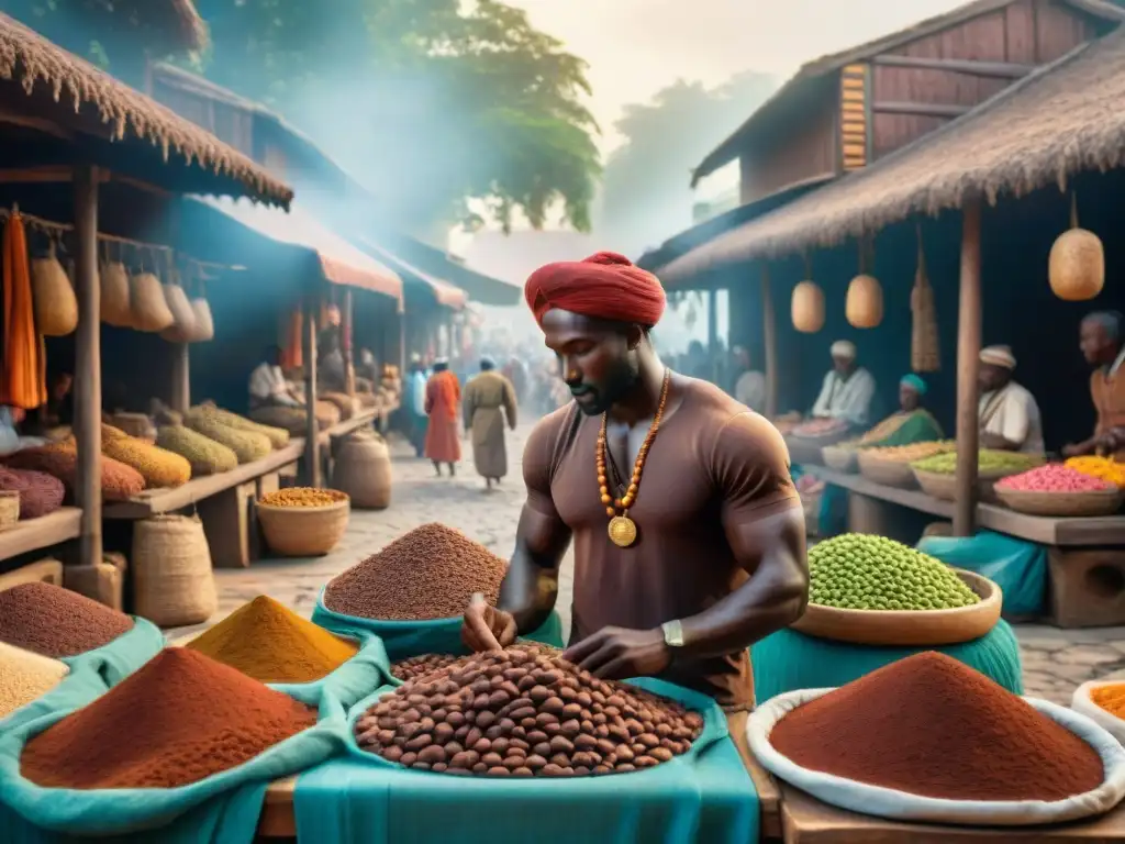 Vibrante mercado antiguo con intercambio de cacao, reflejando el valor económico del chocolate antiguo