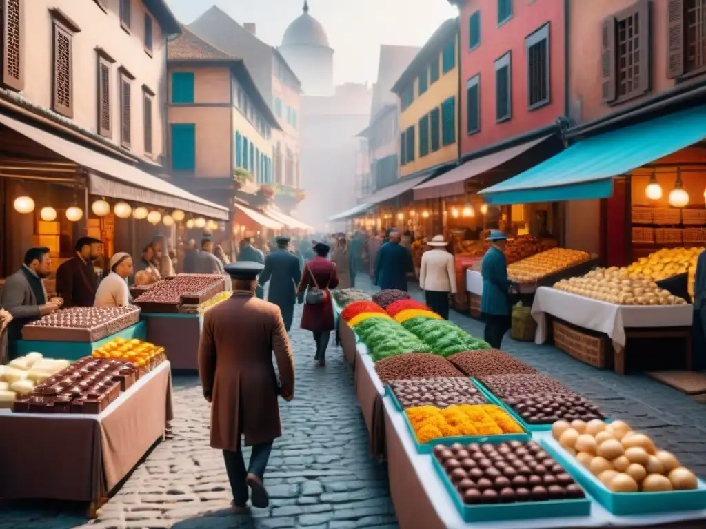 Vibrante mercado antiguo lleno de vendedores de chocolate, reflejando la psicología y cultura del cacao a lo largo de la historia