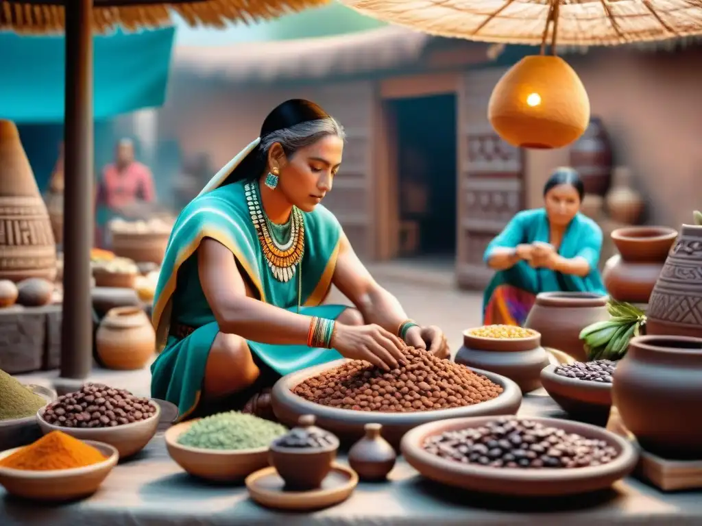 Vibrante mercado azteca con intercambio de cacao, resaltando la historia del chocolate en gastronomía