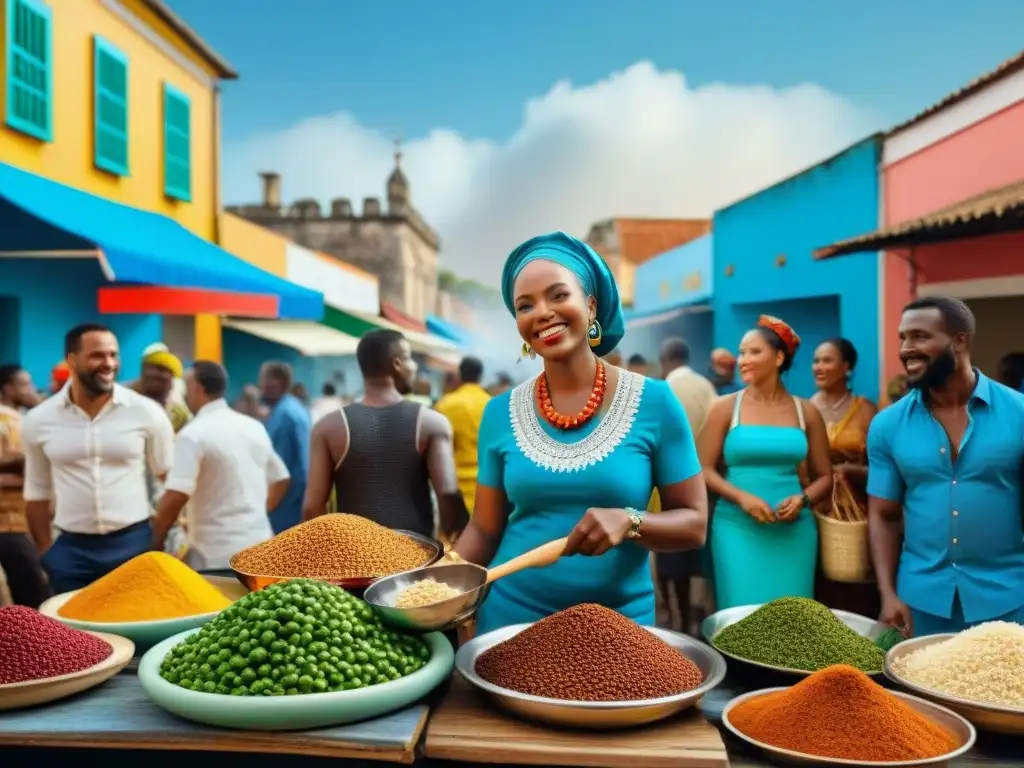 Un vibrante mercado callejero Afrobrasileño, con influencia africana en la gastronomía brasileña, lleno de colores y sabores tradicionales