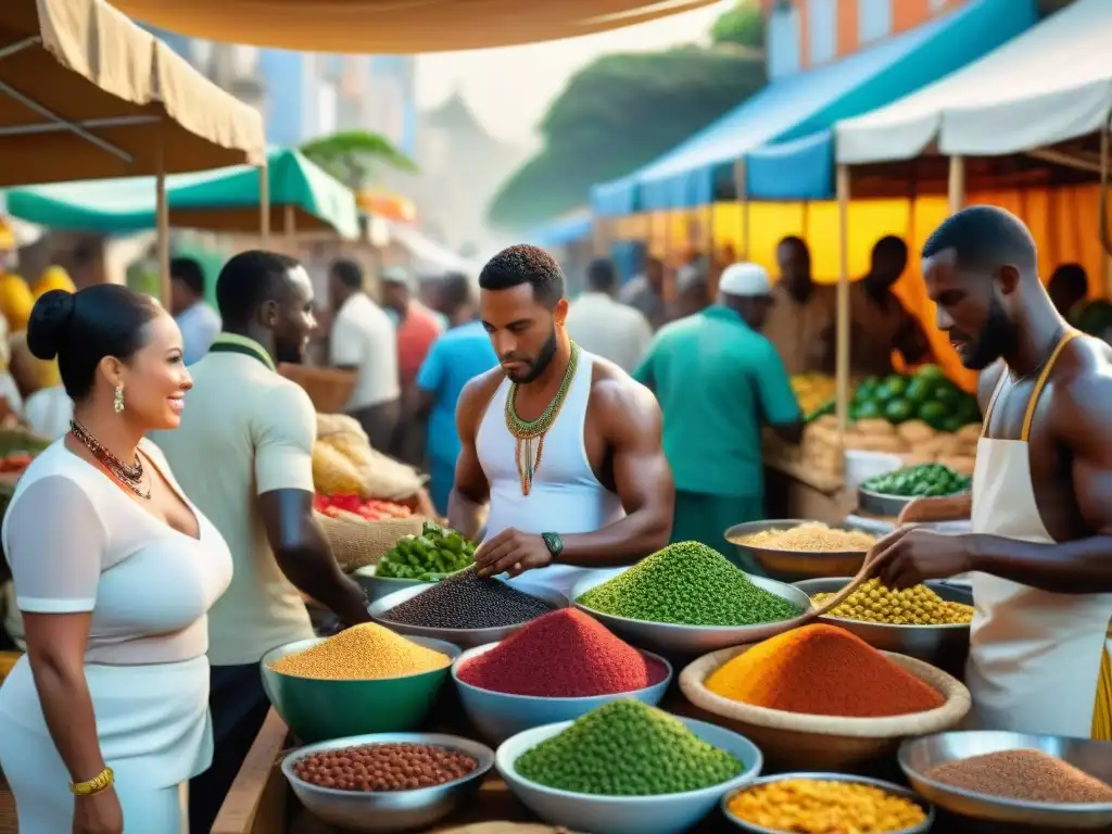 Un vibrante mercado callejero Afrobrasileño, con colores, comida tradicional y gente de ascendencia africana