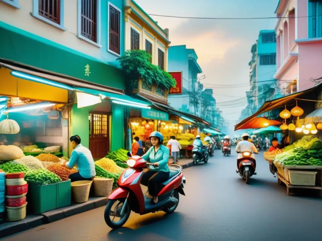 Un vibrante mercado callejero en Ho Chi Minh, Vietnam, muestra la auténtica esencia del Pho vietnamita