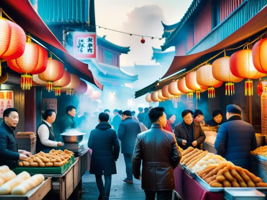 Vibrante mercado callejero chino vendiendo Youtiao, reflejando la historia y legado Youtiao chinos