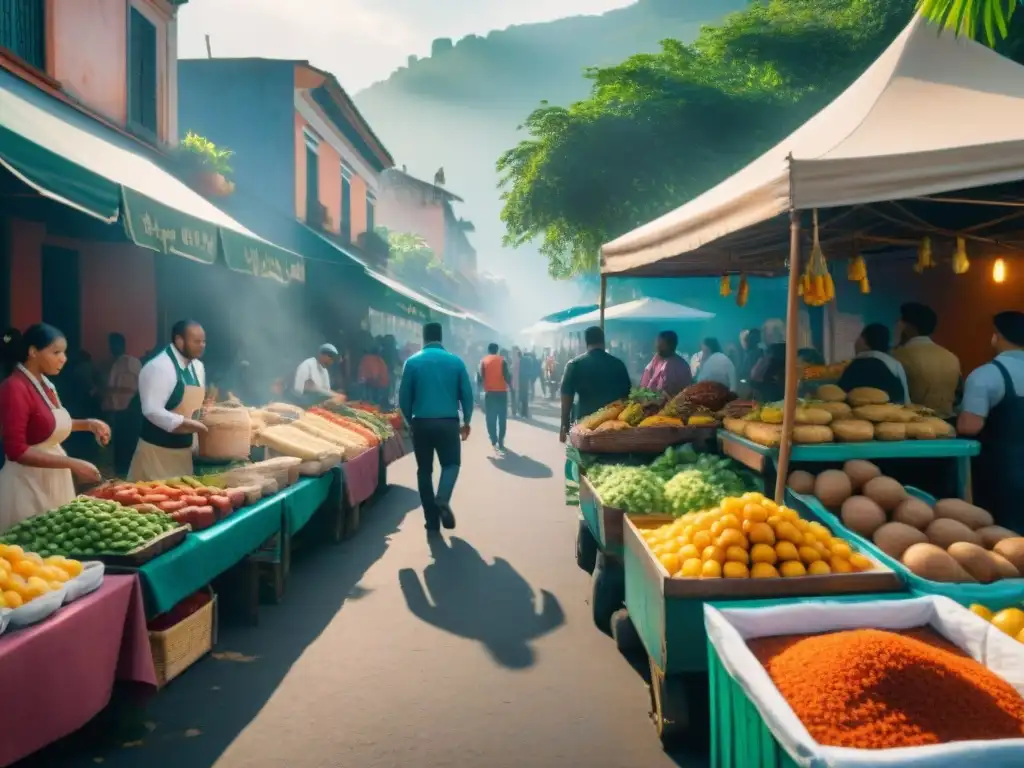 Vibrante mercado callejero en ciudad latinoamericana con influencia africana en comida callejera