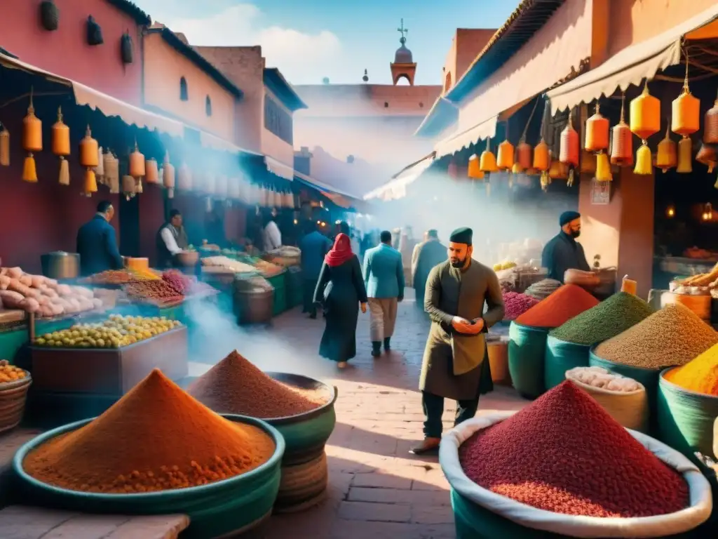 Un vibrante mercado callejero en Marrakech con cocina étnica, colores exóticos y tagines deliciosos