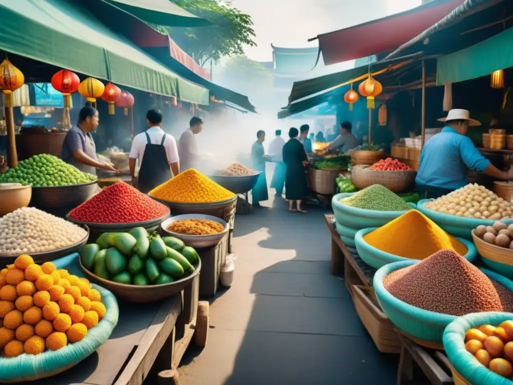 Vibrante mercado callejero en Bangkok con colores exóticos y sabores únicos para tours gastronómicos mundo sabores ocultos