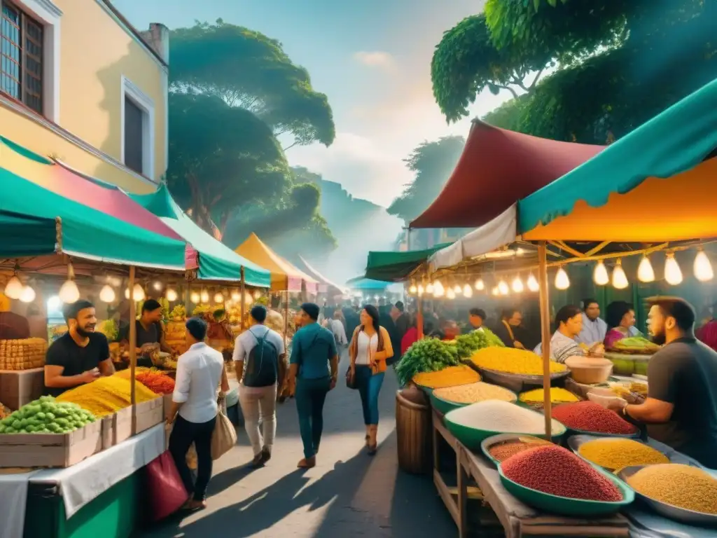 Un vibrante mercado callejero en América Latina con comida callejera vegana tentadora