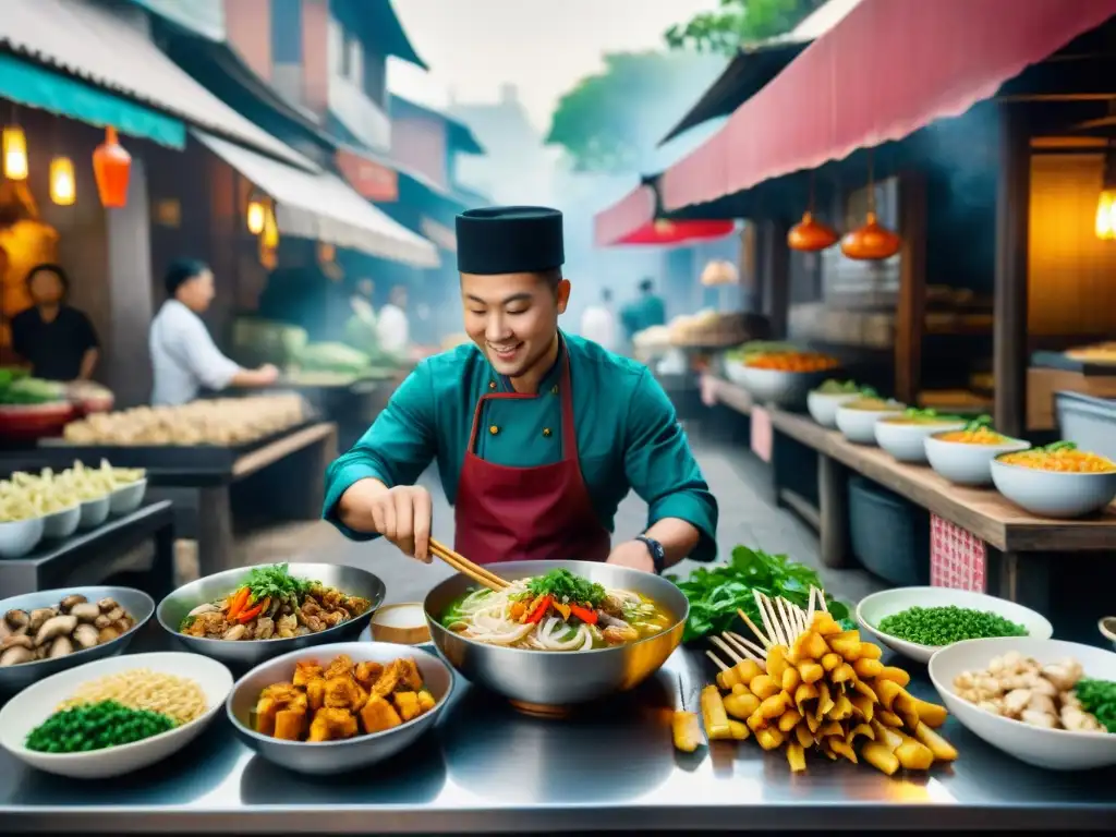 Un vibrante mercado callejero de comida asiática con opciones vegetarianas y veganas