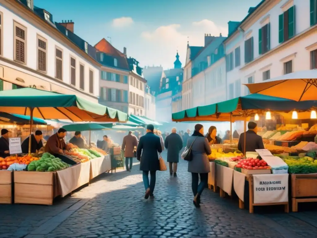 Vibrante mercado callejero europeo donde la gastronomía y la comunidad se fusionan