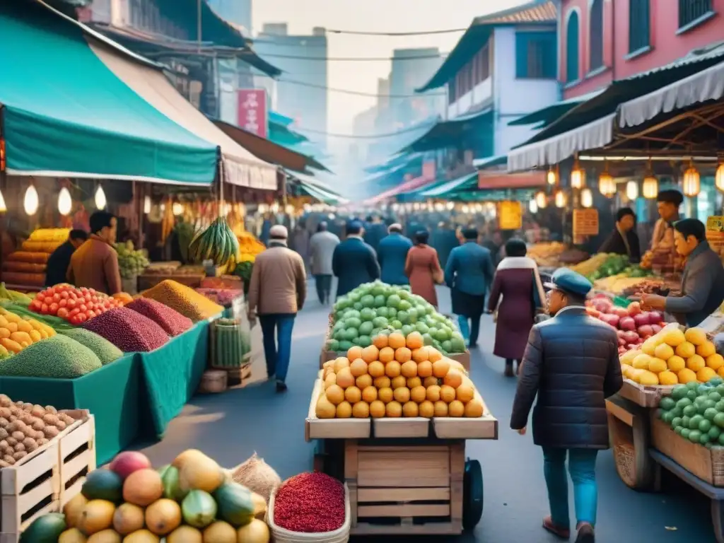 Vibrante mercado callejero de Asia con frutas exóticas, especias y comida callejera