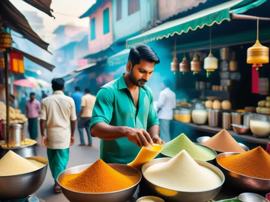 Un vibrante mercado callejero en la India donde se prepara Lassi receta tradicional, con vendedores y clientes en plena interacción