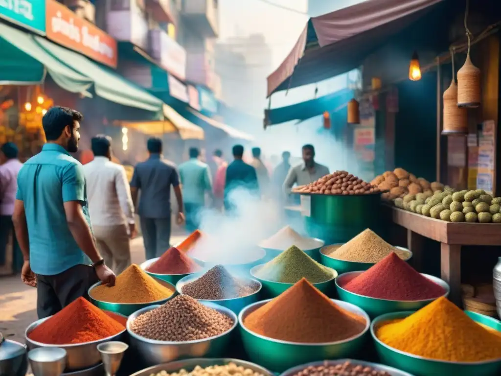 Un vibrante mercado callejero indio con puestos de chai gourmet, colores y movimiento, capturando la esencia del chai indio calle gourmet profundidad